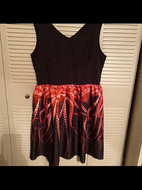 Black Sleeveless Dress with Red Octopus-Print Skirt